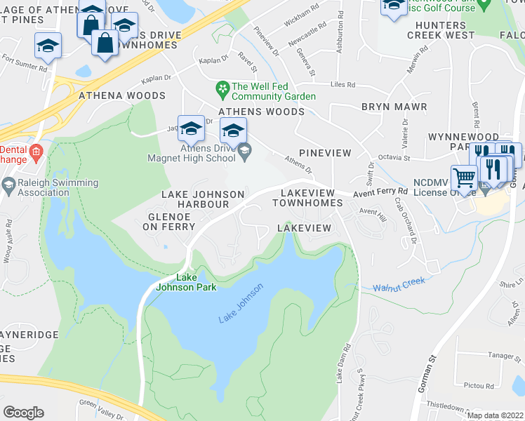 map of restaurants, bars, coffee shops, grocery stores, and more near 4001 The Oaks Drive in Raleigh