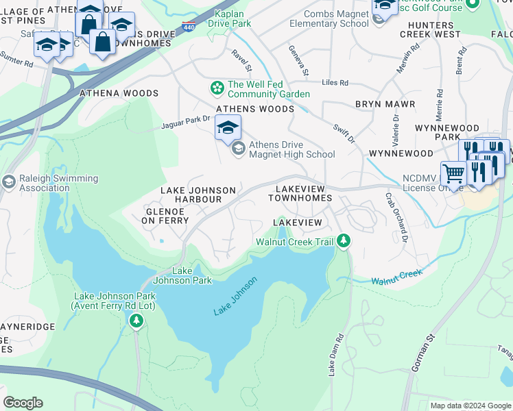 map of restaurants, bars, coffee shops, grocery stores, and more near 4229 The Oaks Drive in Raleigh