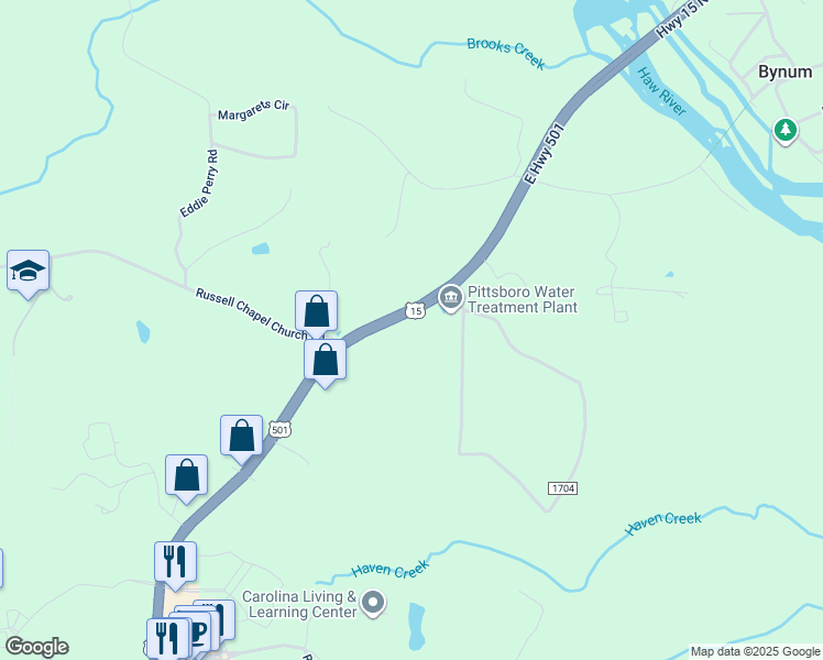 map of restaurants, bars, coffee shops, grocery stores, and more near 15 U.S. 501 in Pittsboro