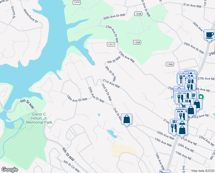 map of restaurants, bars, coffee shops, grocery stores, and more near 2082 2nd Street Drive Northwest in Hickory