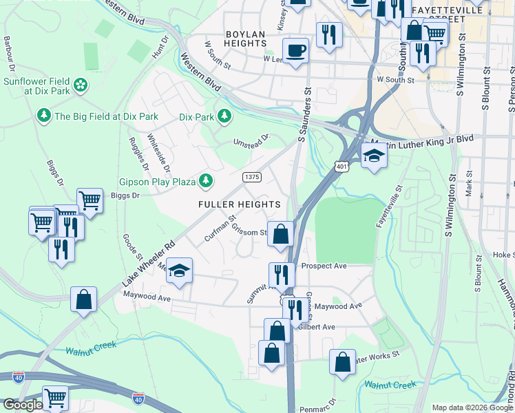 map of restaurants, bars, coffee shops, grocery stores, and more near 1118 1/2 Fuller Street in Raleigh
