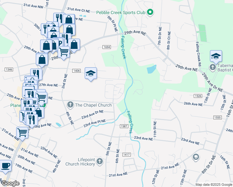 map of restaurants, bars, coffee shops, grocery stores, and more near 513 26th Avenue Northeast in Hickory