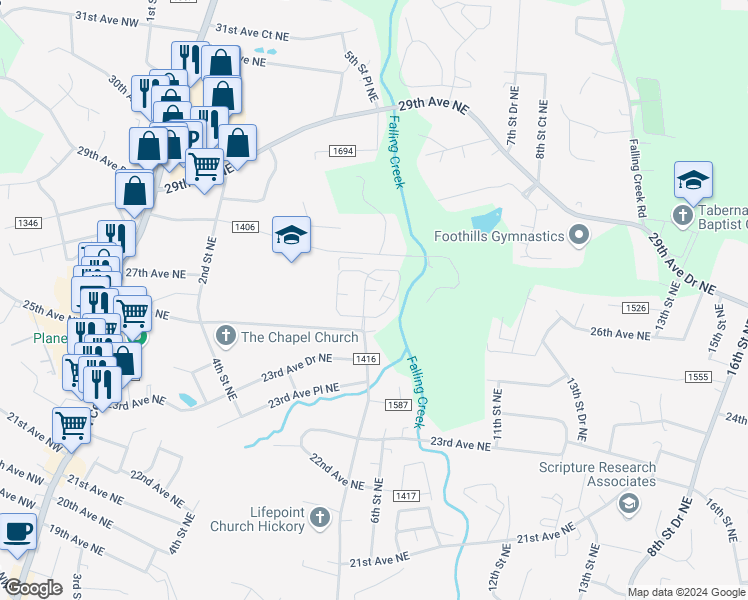 map of restaurants, bars, coffee shops, grocery stores, and more near 513 26th Avenue Northeast in Hickory