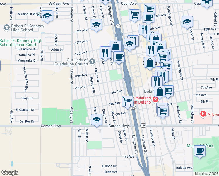 map of restaurants, bars, coffee shops, grocery stores, and more near 814 Dover Street in Delano