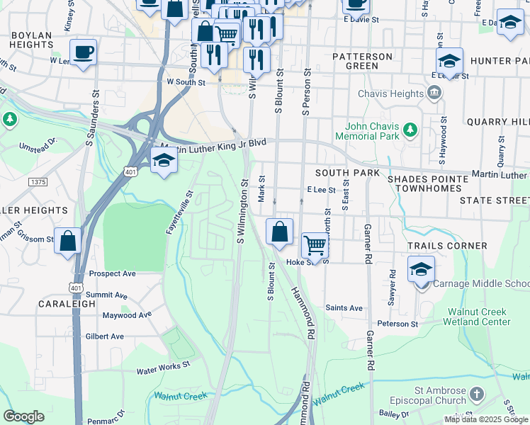 map of restaurants, bars, coffee shops, grocery stores, and more near 113 Bragg Street in Raleigh