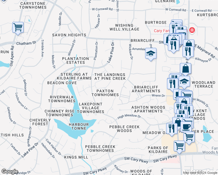 map of restaurants, bars, coffee shops, grocery stores, and more near 150 Greenmont Lane in Cary