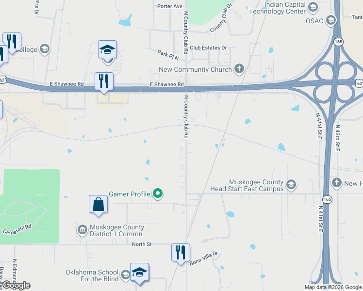 map of restaurants, bars, coffee shops, grocery stores, and more near 1721 North Country Club Road in Muskogee