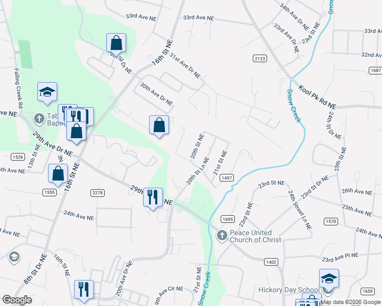 map of restaurants, bars, coffee shops, grocery stores, and more near 2841 20th Street Northeast in Hickory