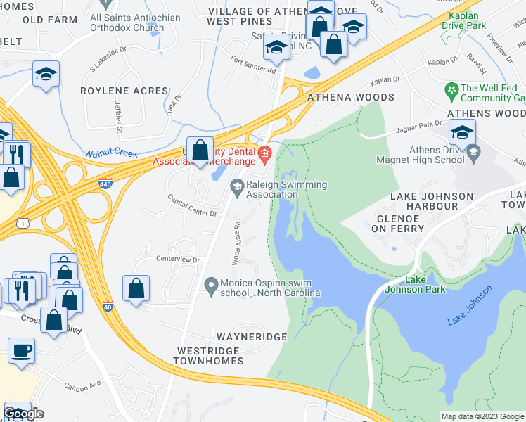 map of restaurants, bars, coffee shops, grocery stores, and more near 1101 Lupine Court in Raleigh