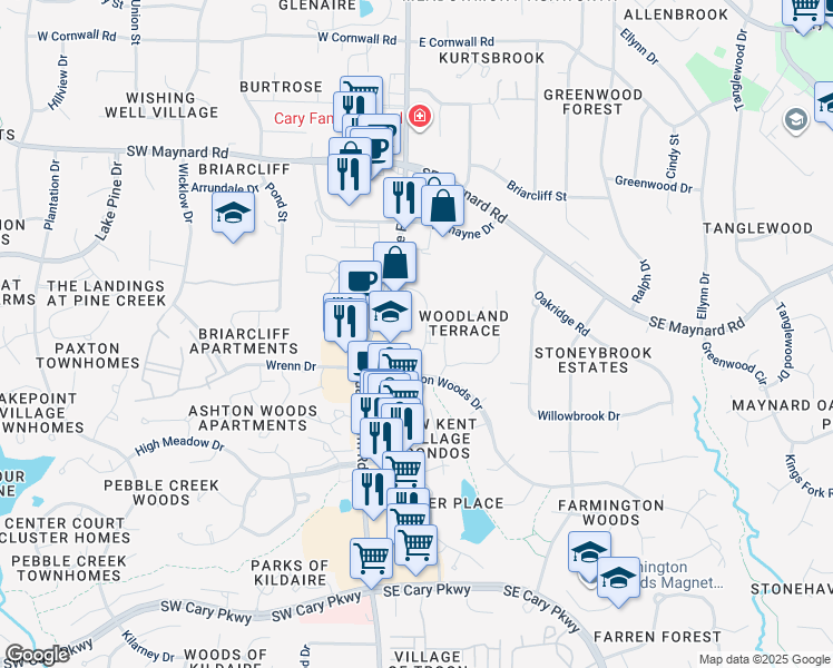 map of restaurants, bars, coffee shops, grocery stores, and more near 1148 Executive Circle in Cary