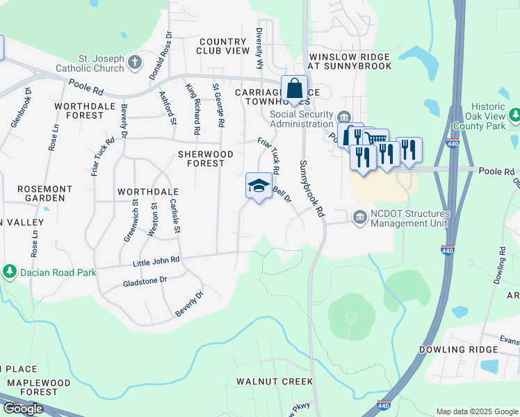 map of restaurants, bars, coffee shops, grocery stores, and more near 825 Cooper Road in Raleigh