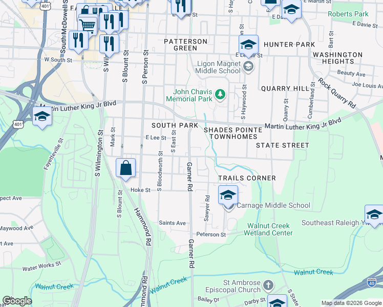map of restaurants, bars, coffee shops, grocery stores, and more near in Raleigh
