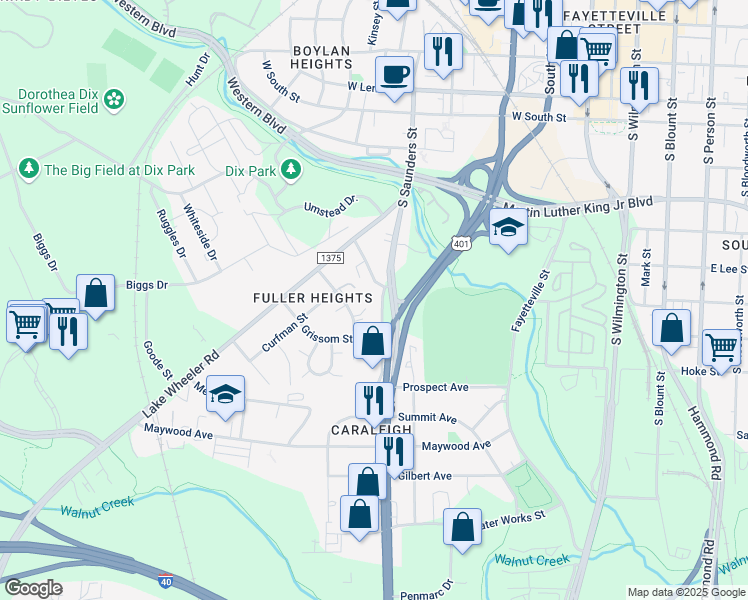 map of restaurants, bars, coffee shops, grocery stores, and more near 1110 South Saunders Street in Raleigh