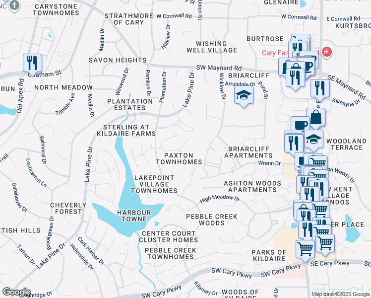 map of restaurants, bars, coffee shops, grocery stores, and more near 150 Greenmont Lane in Cary