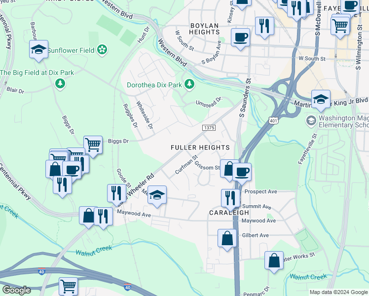 map of restaurants, bars, coffee shops, grocery stores, and more near Lake Wheeler Road & Grissom Street in Raleigh
