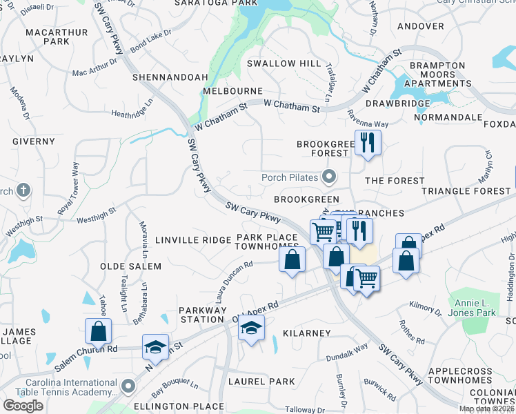 map of restaurants, bars, coffee shops, grocery stores, and more near 2590 Southwest Cary Parkway in Cary
