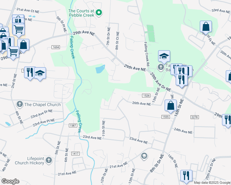 map of restaurants, bars, coffee shops, grocery stores, and more near 2630 10th Street Court Northeast in Hickory