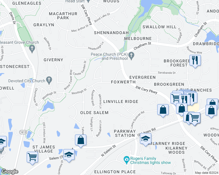 map of restaurants, bars, coffee shops, grocery stores, and more near 201 Westhigh Street in Cary