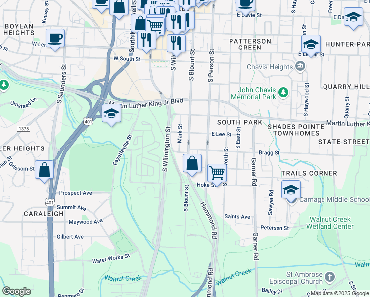 map of restaurants, bars, coffee shops, grocery stores, and more near 1128 South Blount Street in Raleigh