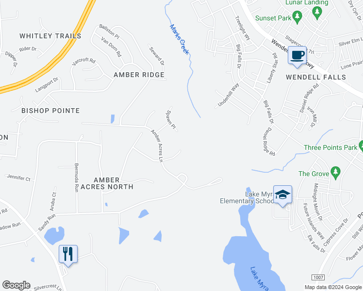 map of restaurants, bars, coffee shops, grocery stores, and more near 6041 Antigua Run in Knightdale