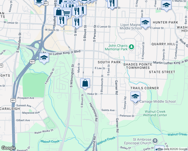 map of restaurants, bars, coffee shops, grocery stores, and more near 1116 South Person Street in Raleigh