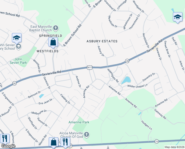 map of restaurants, bars, coffee shops, grocery stores, and more near 116 Sandidge Road in Maryville