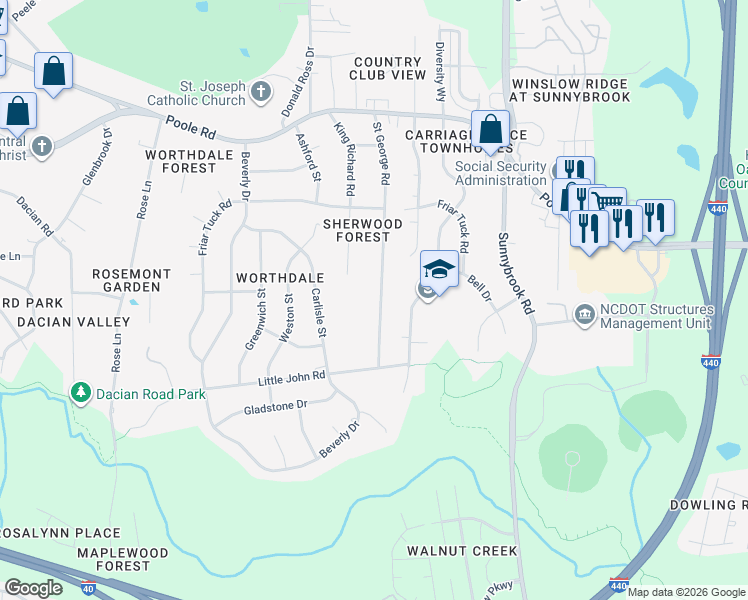 map of restaurants, bars, coffee shops, grocery stores, and more near 744 Saint George Road in Raleigh