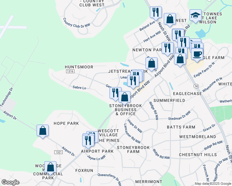map of restaurants, bars, coffee shops, grocery stores, and more near 3523 Jetstream Drive in Wilson