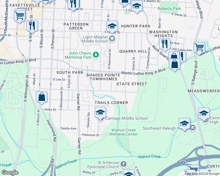 map of restaurants, bars, coffee shops, grocery stores, and more near 1124 Gregg Street in Raleigh