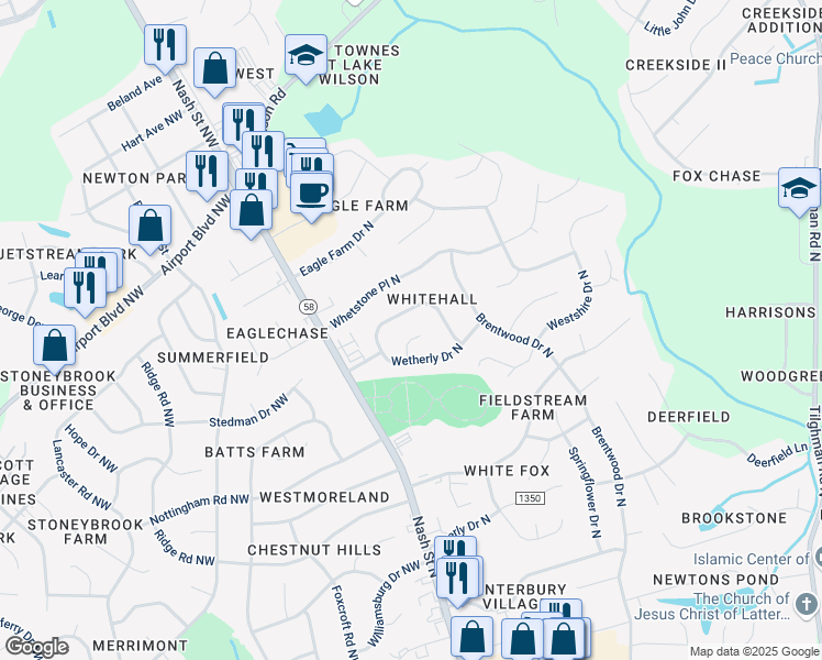map of restaurants, bars, coffee shops, grocery stores, and more near 3407 Wembly Place in Wilson