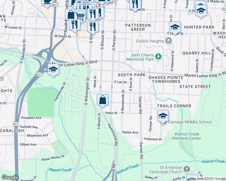 map of restaurants, bars, coffee shops, grocery stores, and more near 1116 South Person Street in Raleigh