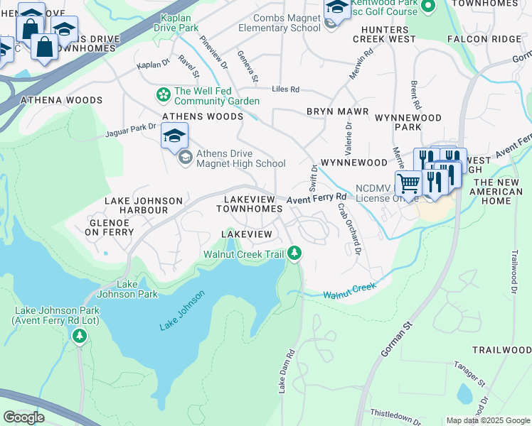 map of restaurants, bars, coffee shops, grocery stores, and more near 1019 Oak Lake Court in Raleigh