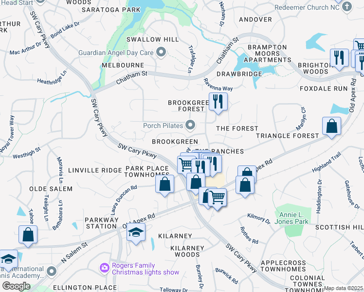 map of restaurants, bars, coffee shops, grocery stores, and more near in Cary
