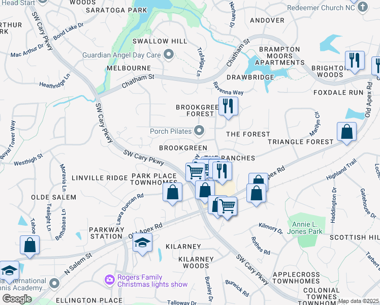 map of restaurants, bars, coffee shops, grocery stores, and more near in Cary