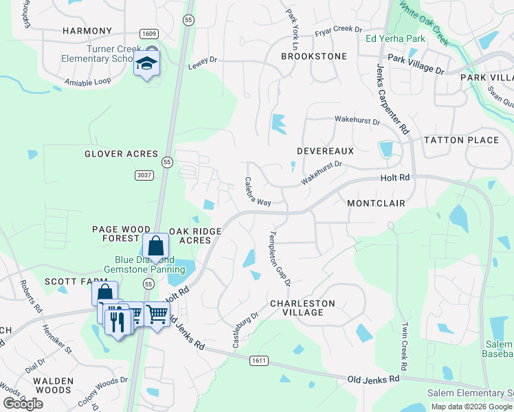 map of restaurants, bars, coffee shops, grocery stores, and more near 113 Calebra Way in Cary
