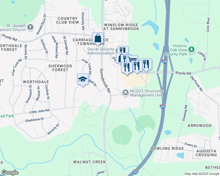 map of restaurants, bars, coffee shops, grocery stores, and more near 805 Sunnybrook Road in Raleigh