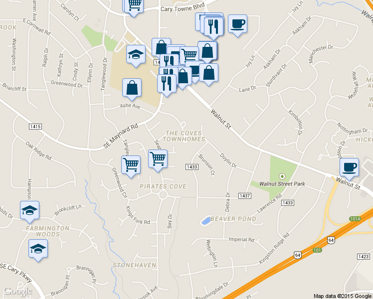 map of restaurants, bars, coffee shops, grocery stores, and more near 1224 Collington Drive in Cary