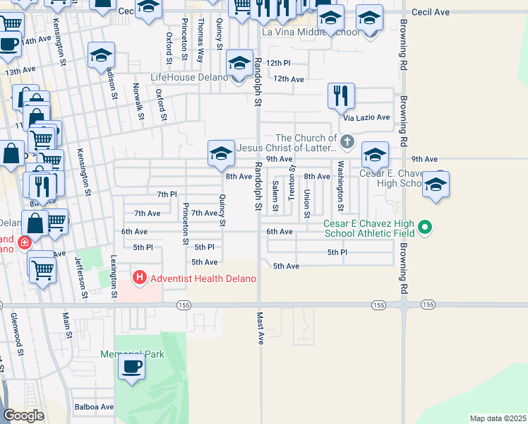 map of restaurants, bars, coffee shops, grocery stores, and more near 702 Randolph Street in Delano