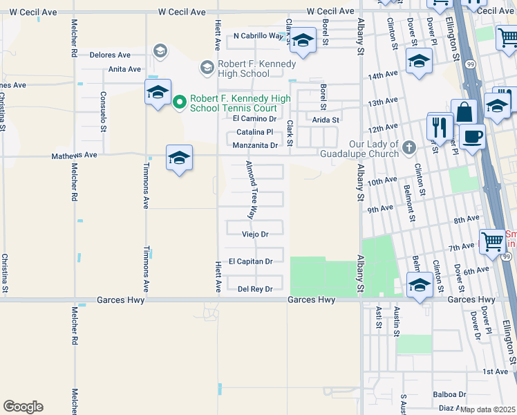 map of restaurants, bars, coffee shops, grocery stores, and more near 900 Almond Tree Way in Delano