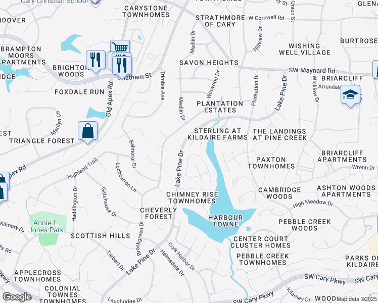 map of restaurants, bars, coffee shops, grocery stores, and more near 113 Westwind Court in Cary