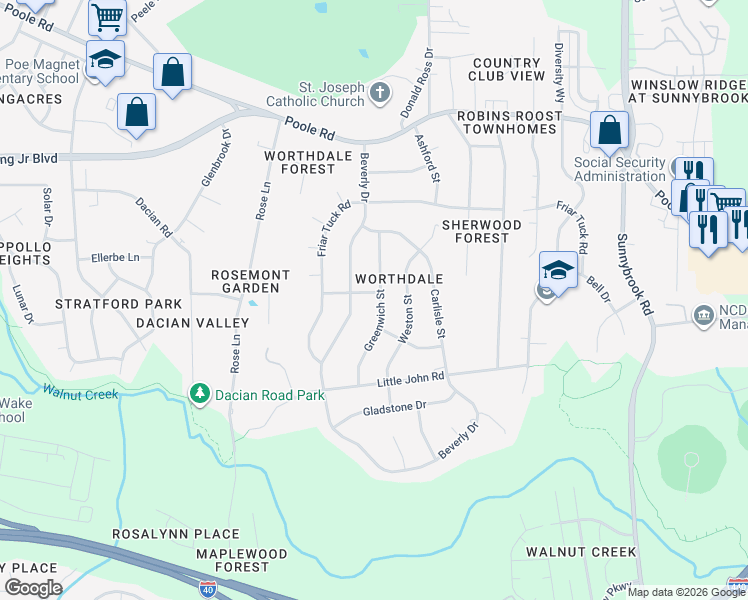 map of restaurants, bars, coffee shops, grocery stores, and more near 904 Greenwich Street in Raleigh