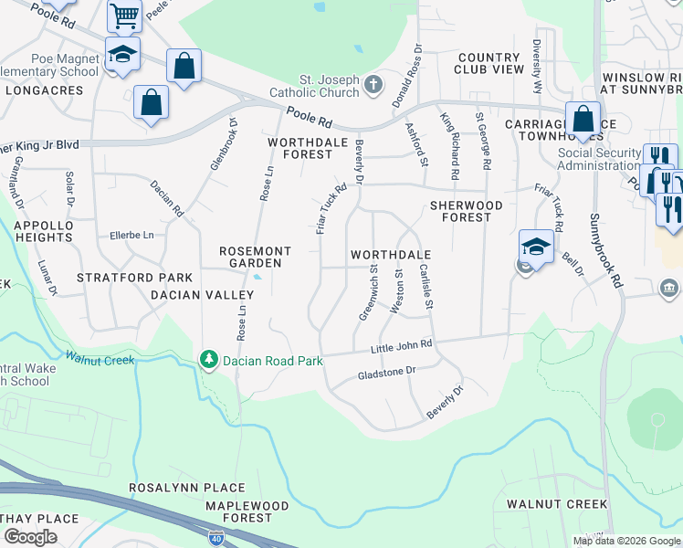 map of restaurants, bars, coffee shops, grocery stores, and more near 2708 Bromley Street in Raleigh