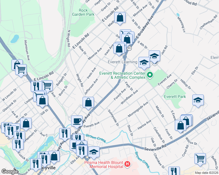 map of restaurants, bars, coffee shops, grocery stores, and more near 102 Cumberland Street in Maryville
