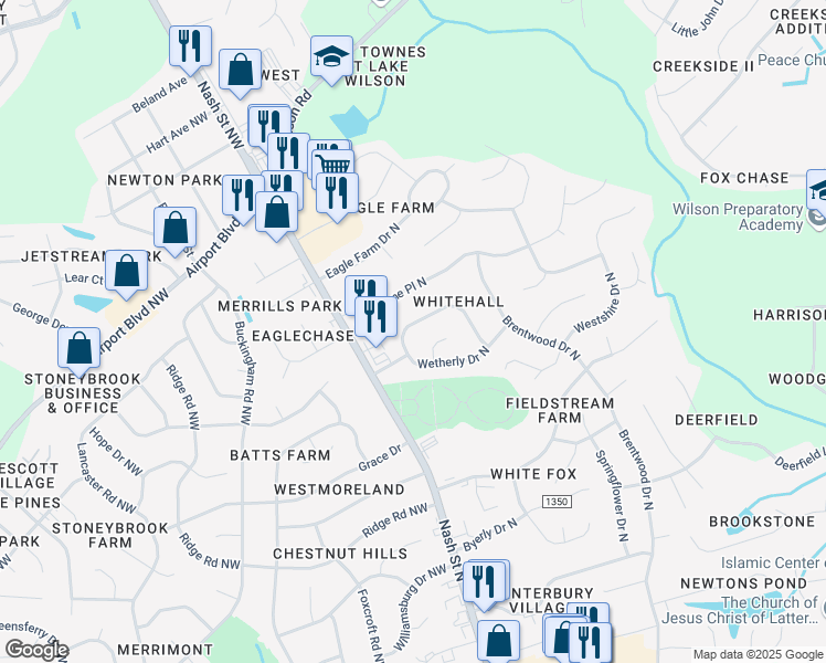 map of restaurants, bars, coffee shops, grocery stores, and more near 3323 Whitlock Drive in Wilson