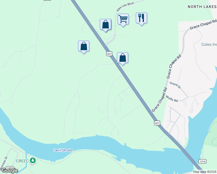 map of restaurants, bars, coffee shops, grocery stores, and more near 4942 Midway Sand Road in Hickory