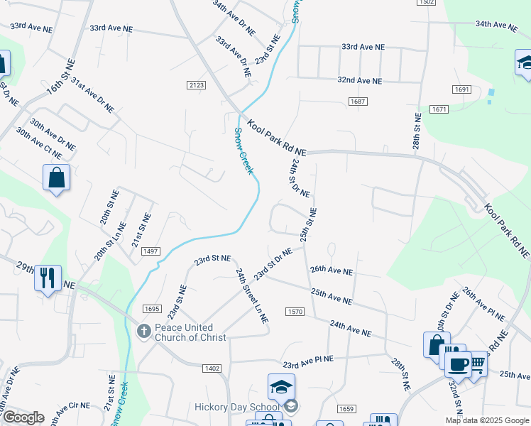 map of restaurants, bars, coffee shops, grocery stores, and more near 2446 27th Avenue Circle Northeast in Hickory
