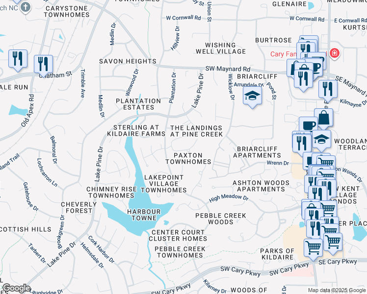 map of restaurants, bars, coffee shops, grocery stores, and more near 113 Greenmont Lane in Cary