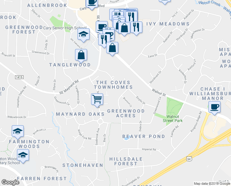 map of restaurants, bars, coffee shops, grocery stores, and more near 1226 Collington Drive in Cary