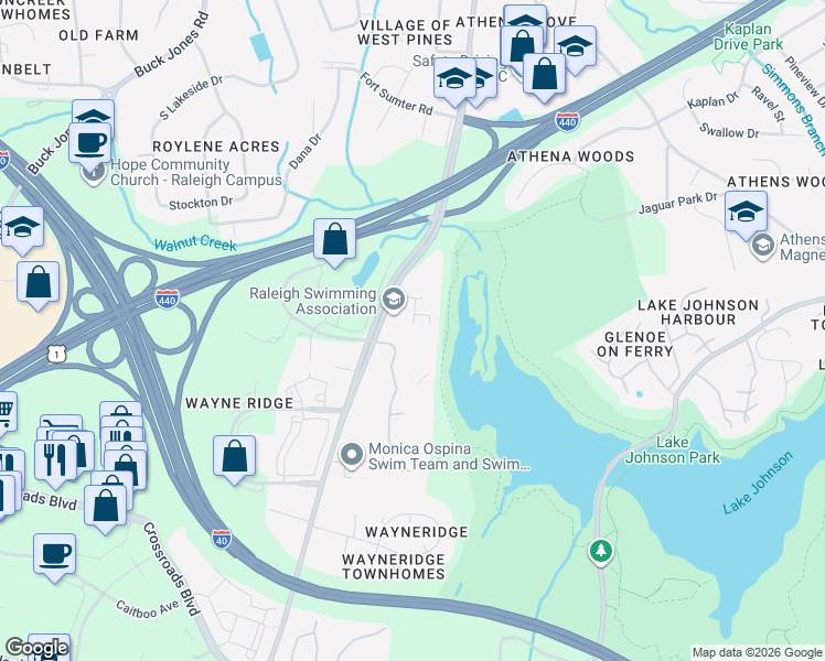map of restaurants, bars, coffee shops, grocery stores, and more near 1100 Lupine Court in Raleigh
