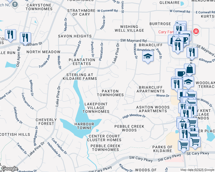 map of restaurants, bars, coffee shops, grocery stores, and more near 113 Greenmont Lane in Cary